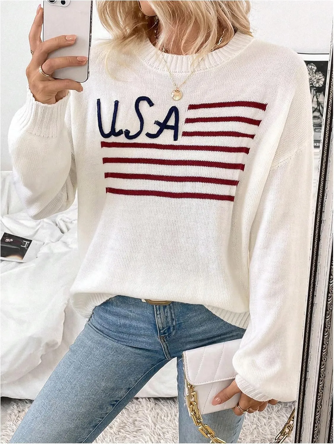 Floerns Women's American Flag Graphic Crew Neck Long Sleeve Sweater Knitted Pullover Tops