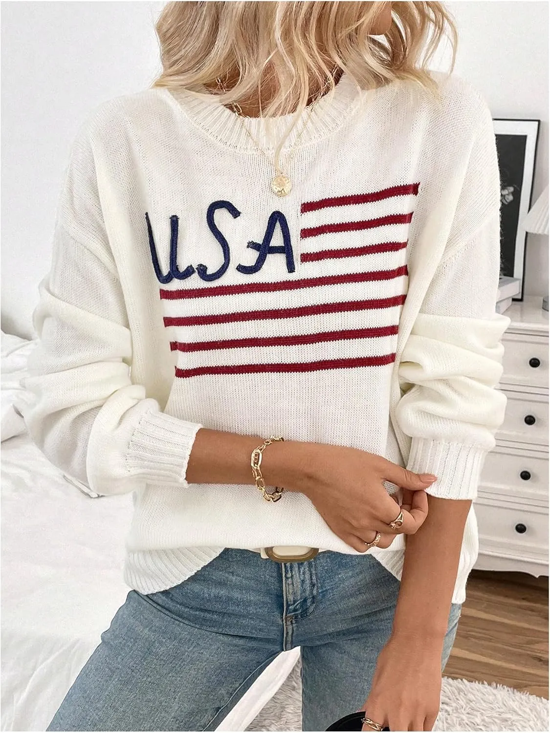 Floerns Women's American Flag Graphic Crew Neck Long Sleeve Sweater Knitted Pullover Tops