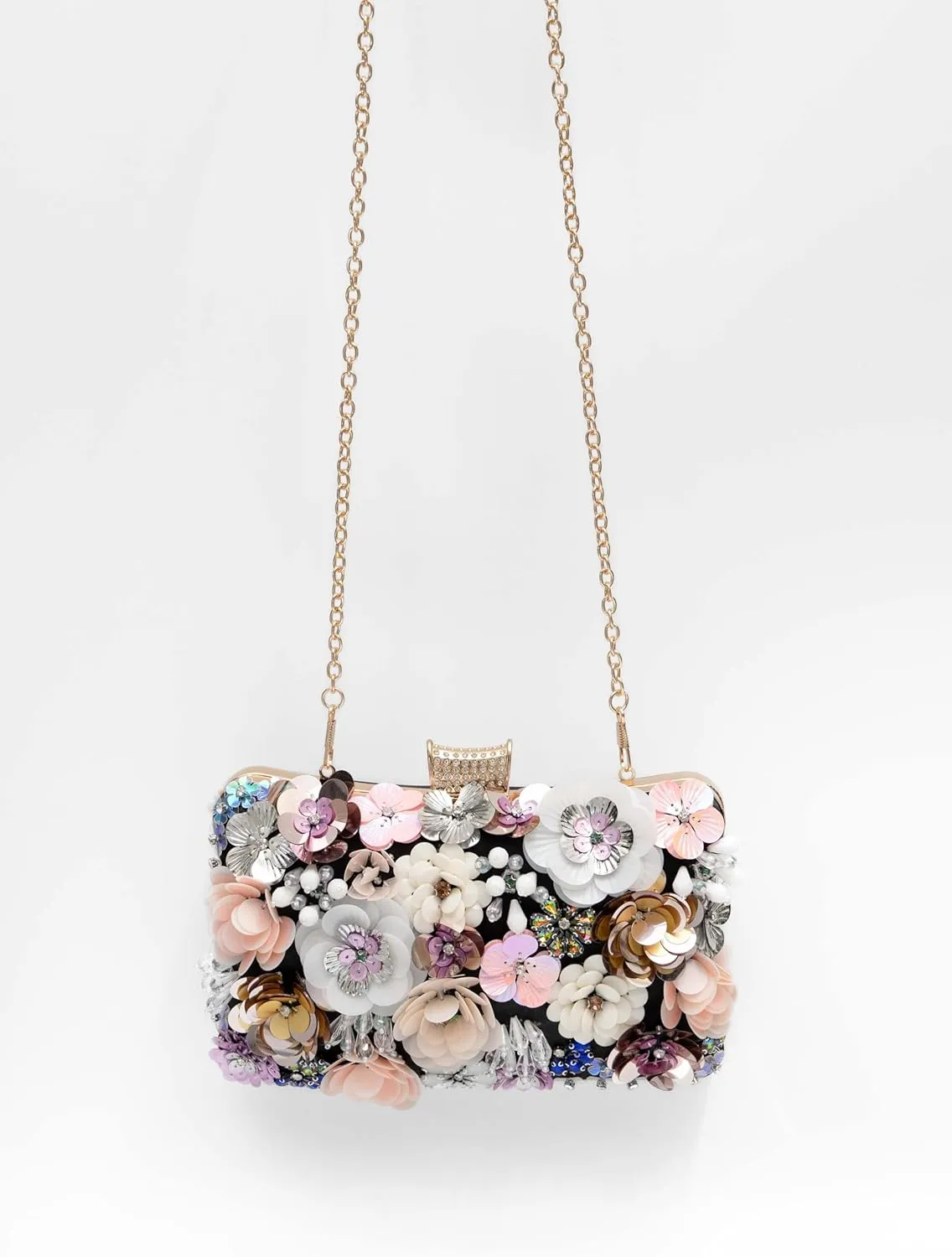 Floral Evening Bag for Women Beaded Clutch Purse with Sequins & Rhinestone Wedding Party Handbag with Chains