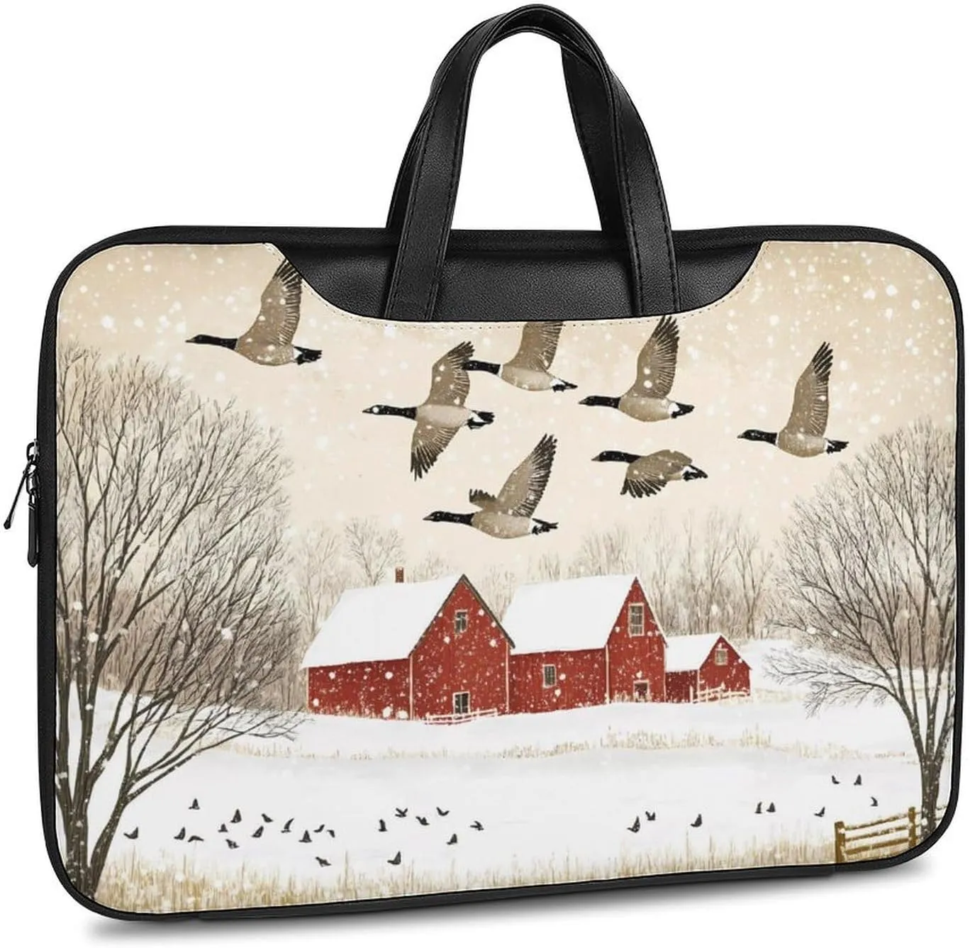 Flying Geese Snow Red House Leather Bag Laptop Case Slim Water Resistant Computer Bags with Handle Briefcase for Work