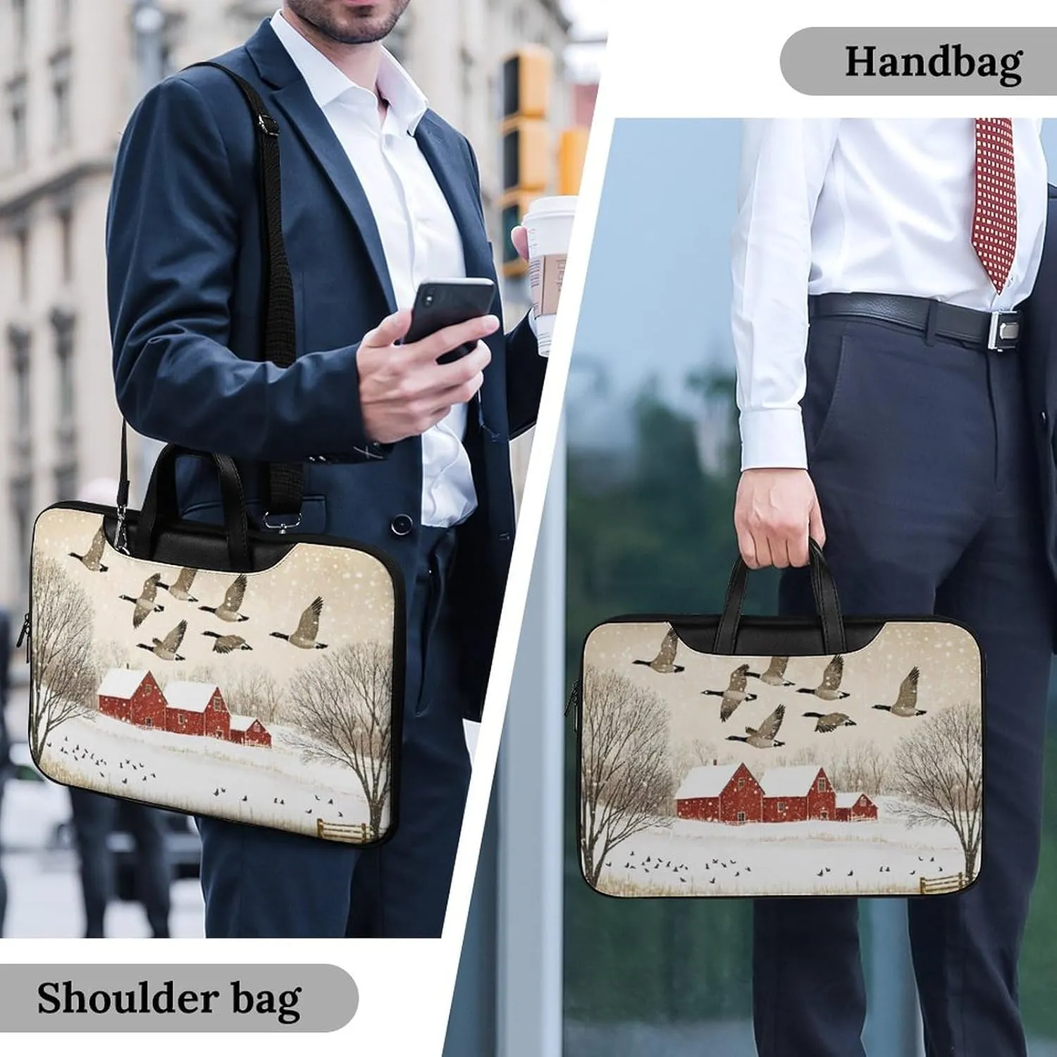 Flying Geese Snow Red House Leather Bag Laptop Case Slim Water Resistant Computer Bags with Handle Briefcase for Work