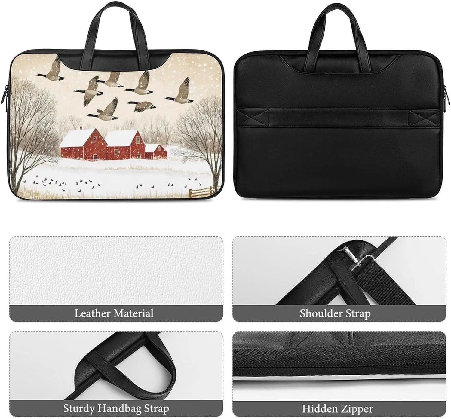 Flying Geese Snow Red House Leather Bag Laptop Case Slim Water Resistant Computer Bags with Handle Briefcase for Work
