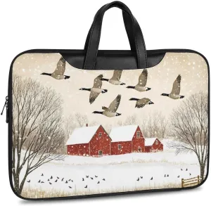 Flying Geese Snow Red House Leather Bag Laptop Case Slim Water Resistant Computer Bags with Handle Briefcase for Work