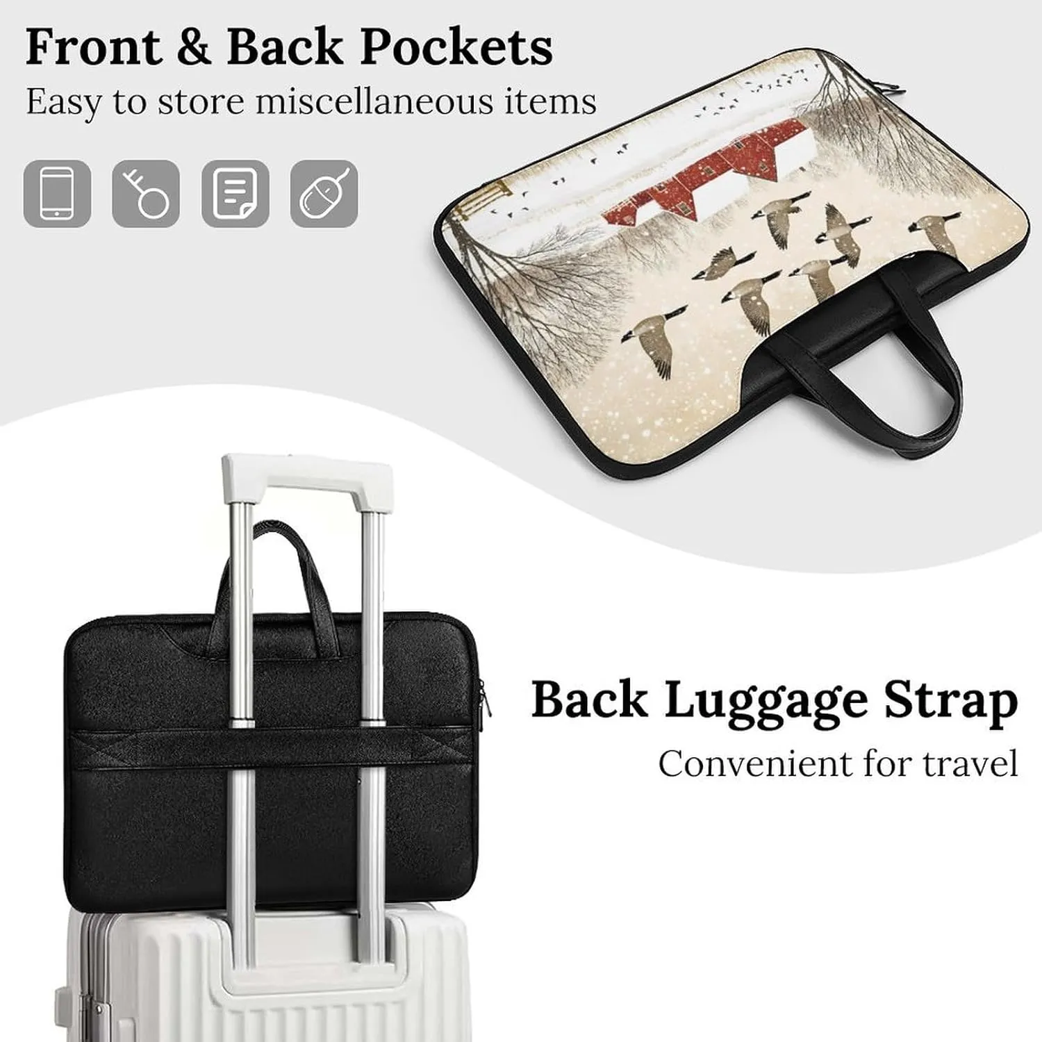Flying Geese Snow Red House Leather Bag Laptop Case Slim Water Resistant Computer Bags with Handle Briefcase for Work