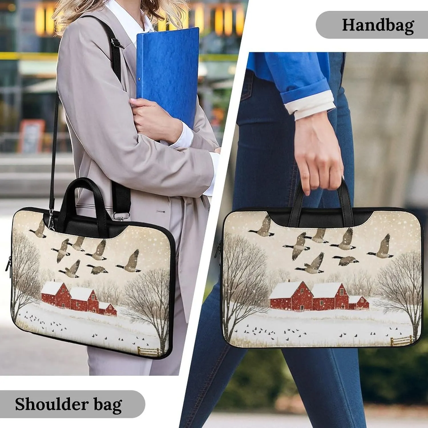 Flying Geese Snow Red House Leather Bag Laptop Case Slim Water Resistant Computer Bags with Handle Briefcase for Work