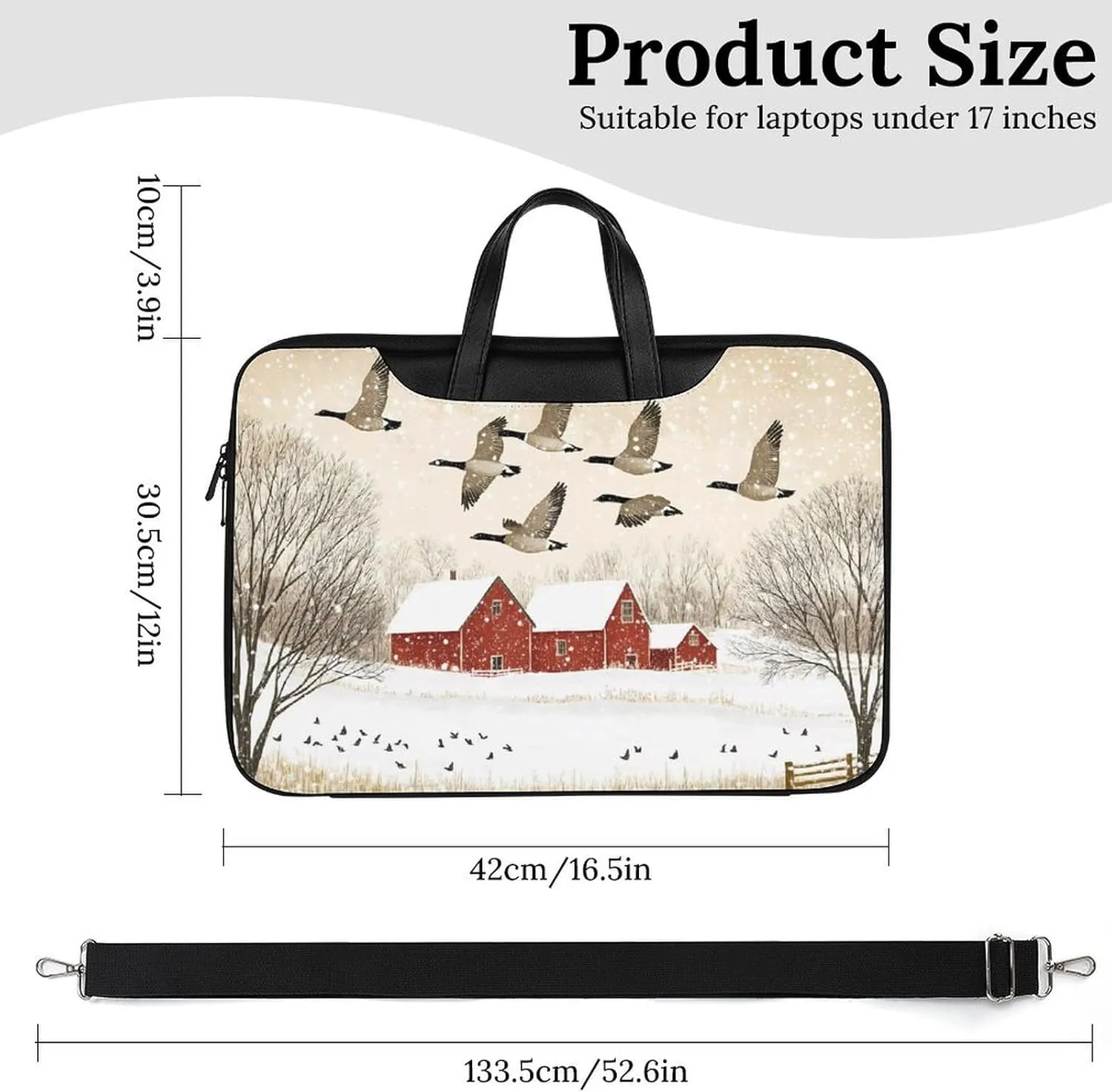Flying Geese Snow Red House Leather Bag Laptop Case Slim Water Resistant Computer Bags with Handle Briefcase for Work