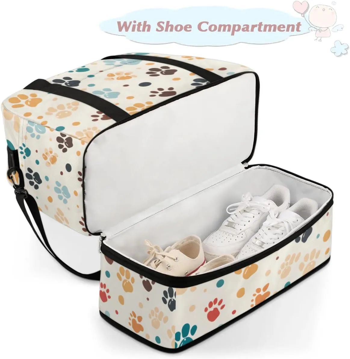 Foldable Travel Duffel Bag, Expandable Weekender Overnight Carry on Bags with Shoe Compartment Sport Tote Gym Luggage for Women Men, Dog Paws