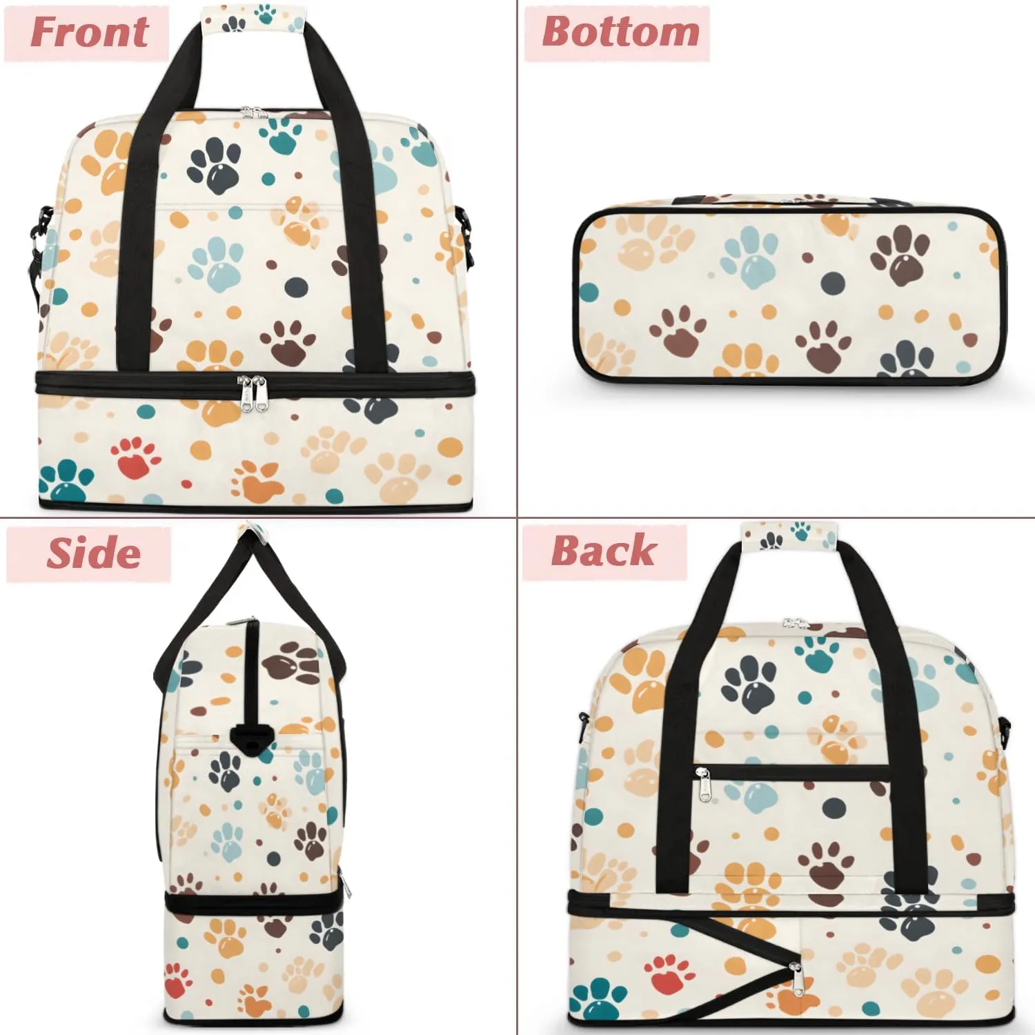 Foldable Travel Duffel Bag, Expandable Weekender Overnight Carry on Bags with Shoe Compartment Sport Tote Gym Luggage for Women Men, Dog Paws