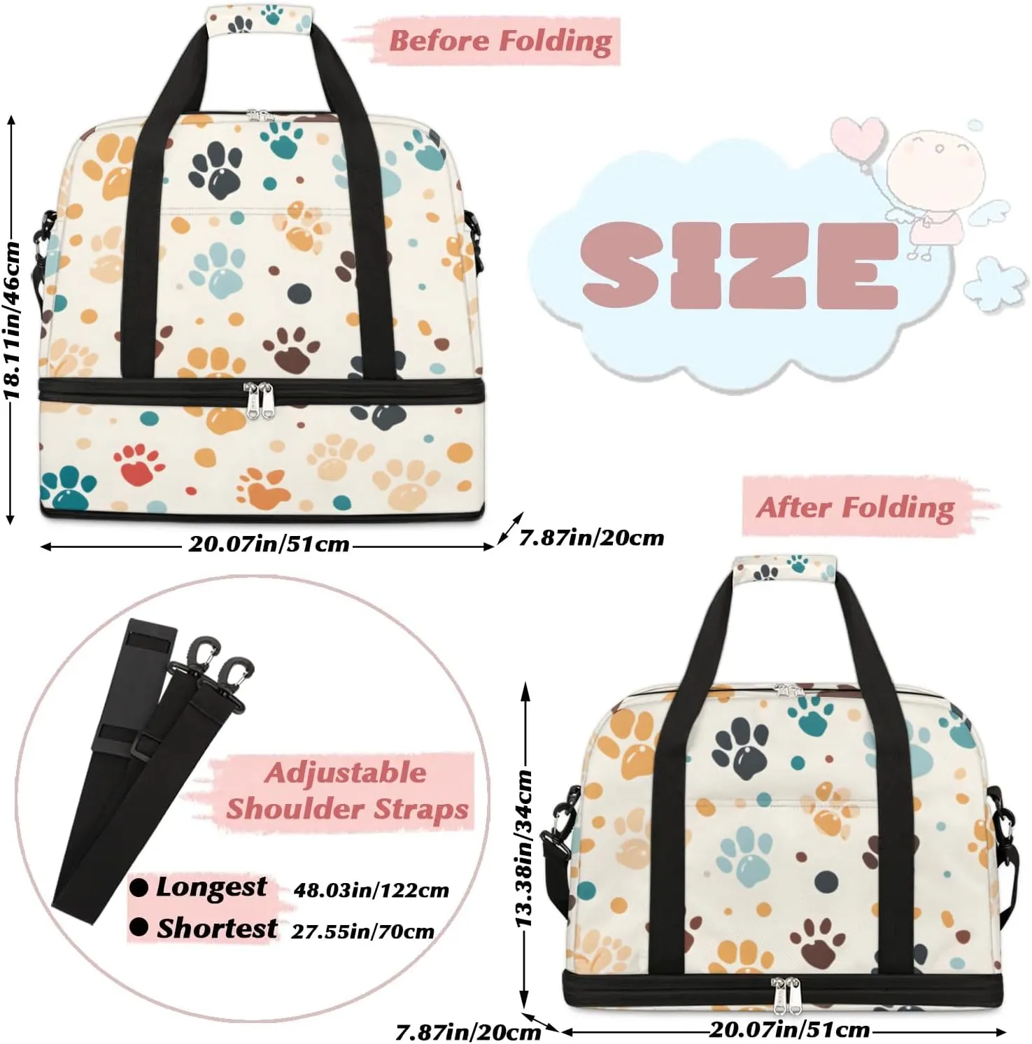 Foldable Travel Duffel Bag, Expandable Weekender Overnight Carry on Bags with Shoe Compartment Sport Tote Gym Luggage for Women Men, Dog Paws