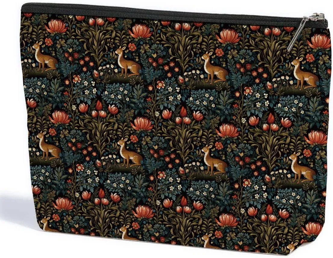Forest Deer Classic Flower Botanical Floral Makeup Bag Toiletry Bag Cosmetic Bag Christmas Boss Day Birthday Thanksgiving Graduation Gifts for Women Girls Sister Coworker Bestie Daughter Teacher