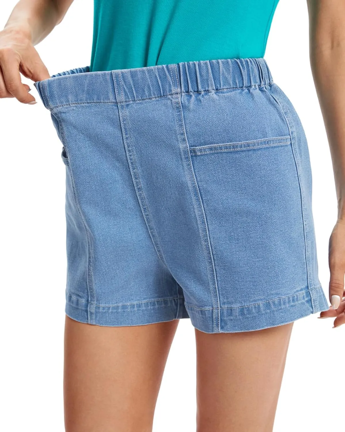 Fuinloth Women's Denim Shorts, Elastic Wasit Mid Rise Loose Fit with 2 Front Pockets, Stretchy Jeans Short Pants