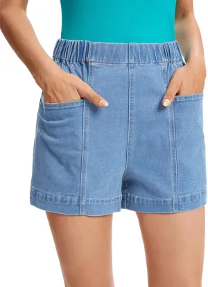 Fuinloth Women's Denim Shorts, Elastic Wasit Mid Rise Loose Fit with 2 Front Pockets, Stretchy Jeans Short Pants