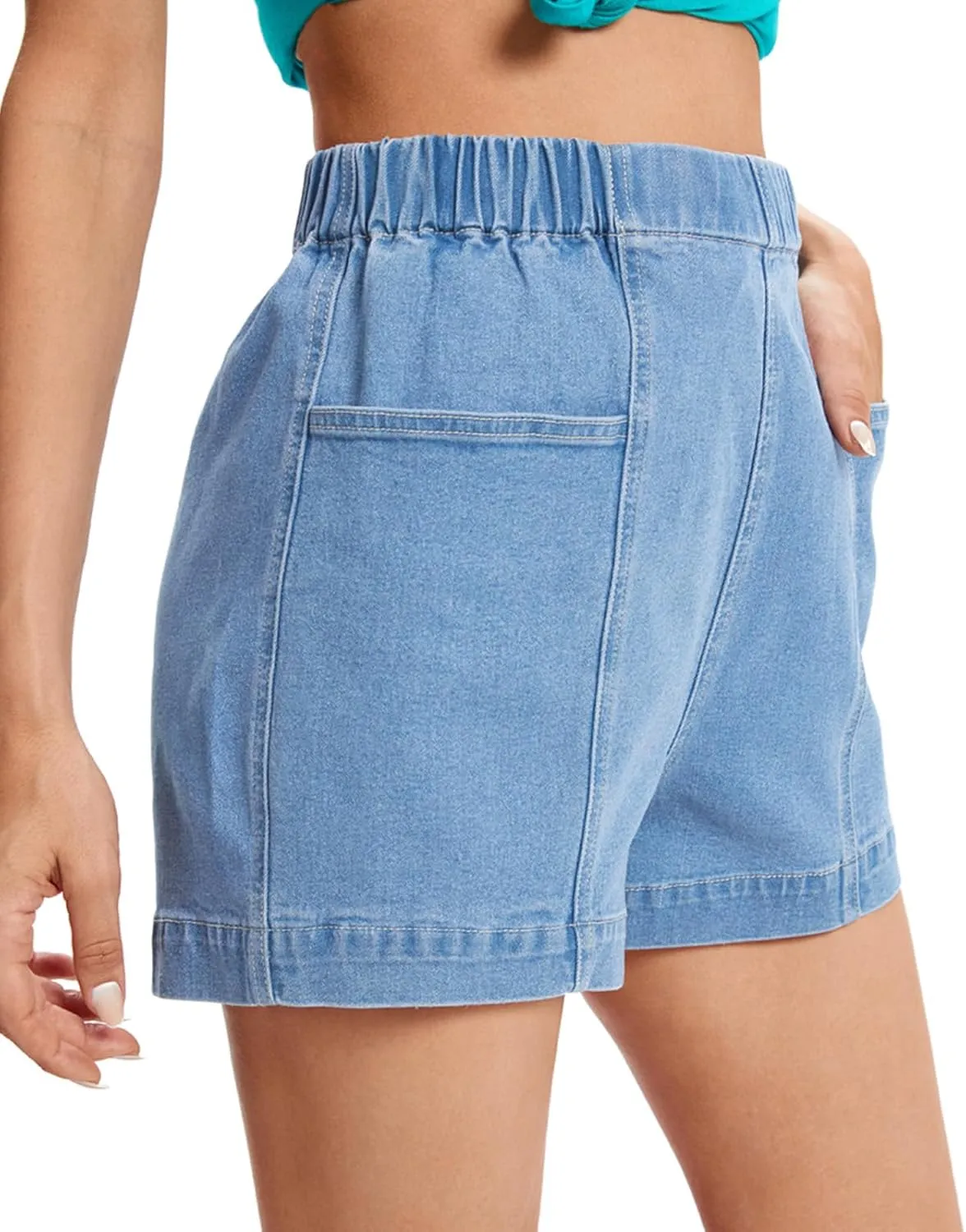Fuinloth Women's Denim Shorts, Elastic Wasit Mid Rise Loose Fit with 2 Front Pockets, Stretchy Jeans Short Pants