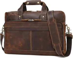 Full Grain 17.3" Leather Briefcase Messenger Laptop Bag For Men