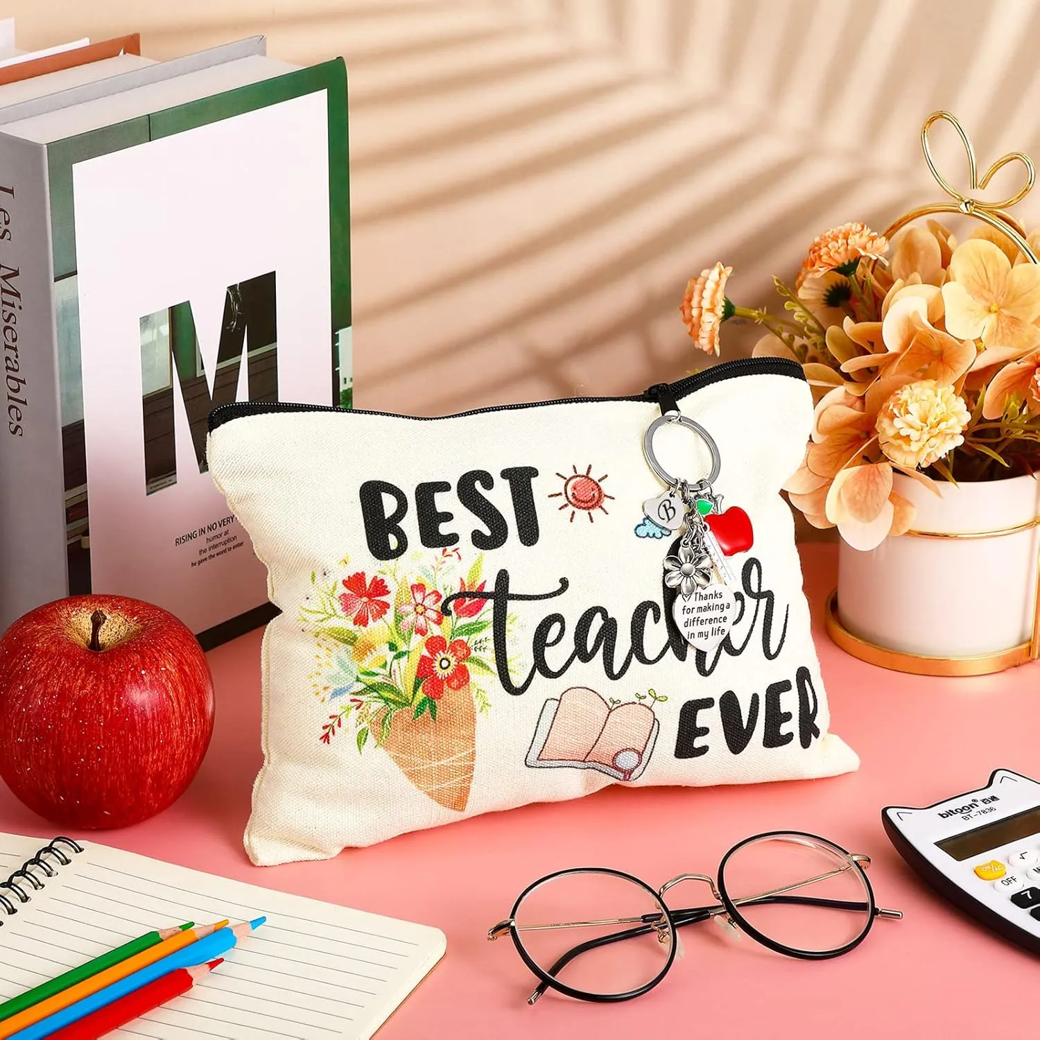Fumete Teacher Appreciation Gifts Set Teacher Survival Kit Bag Initial Keychain Makeup Bag for 2025 Graduation