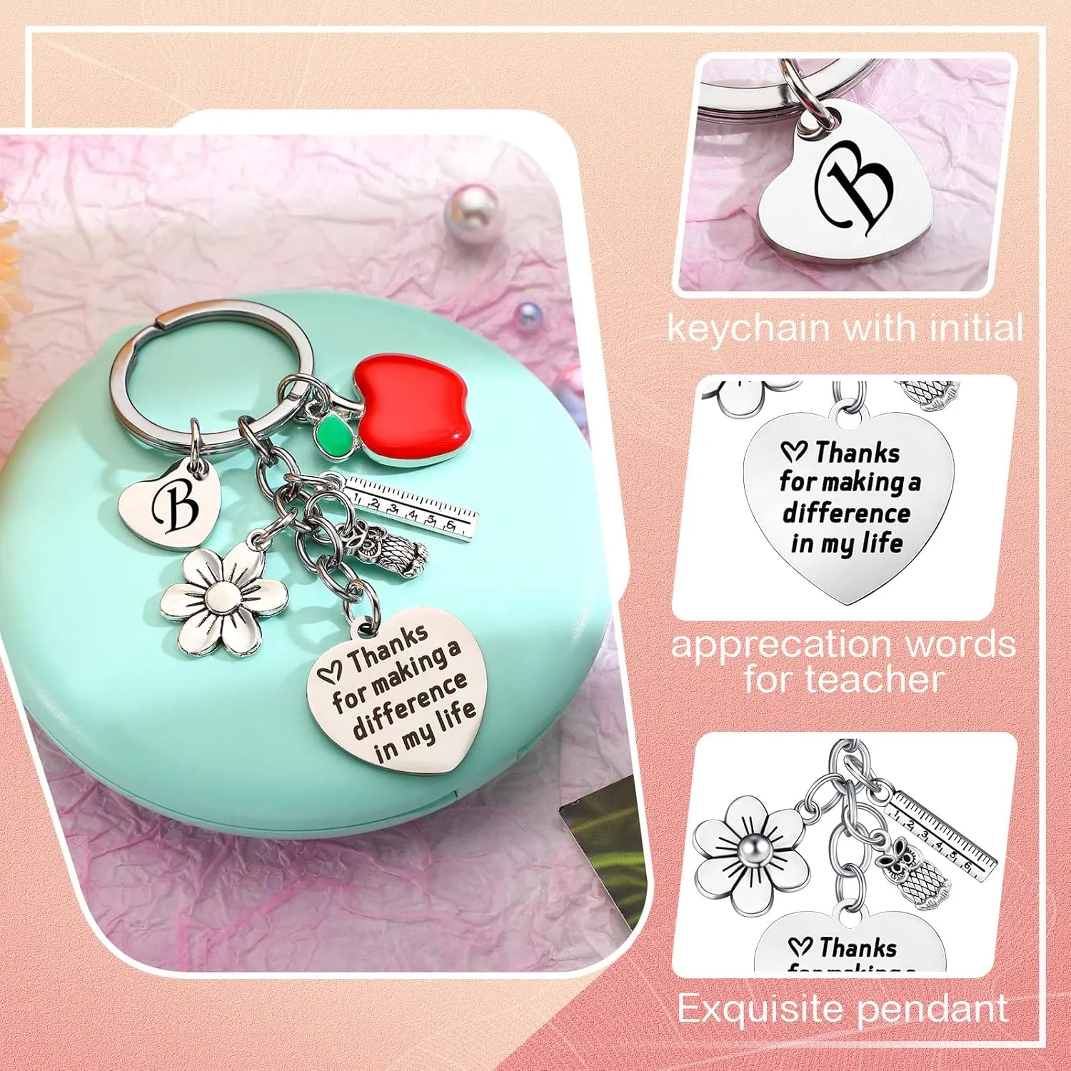 Fumete Teacher Appreciation Gifts Set Teacher Survival Kit Bag Initial Keychain Makeup Bag for 2025 Graduation
