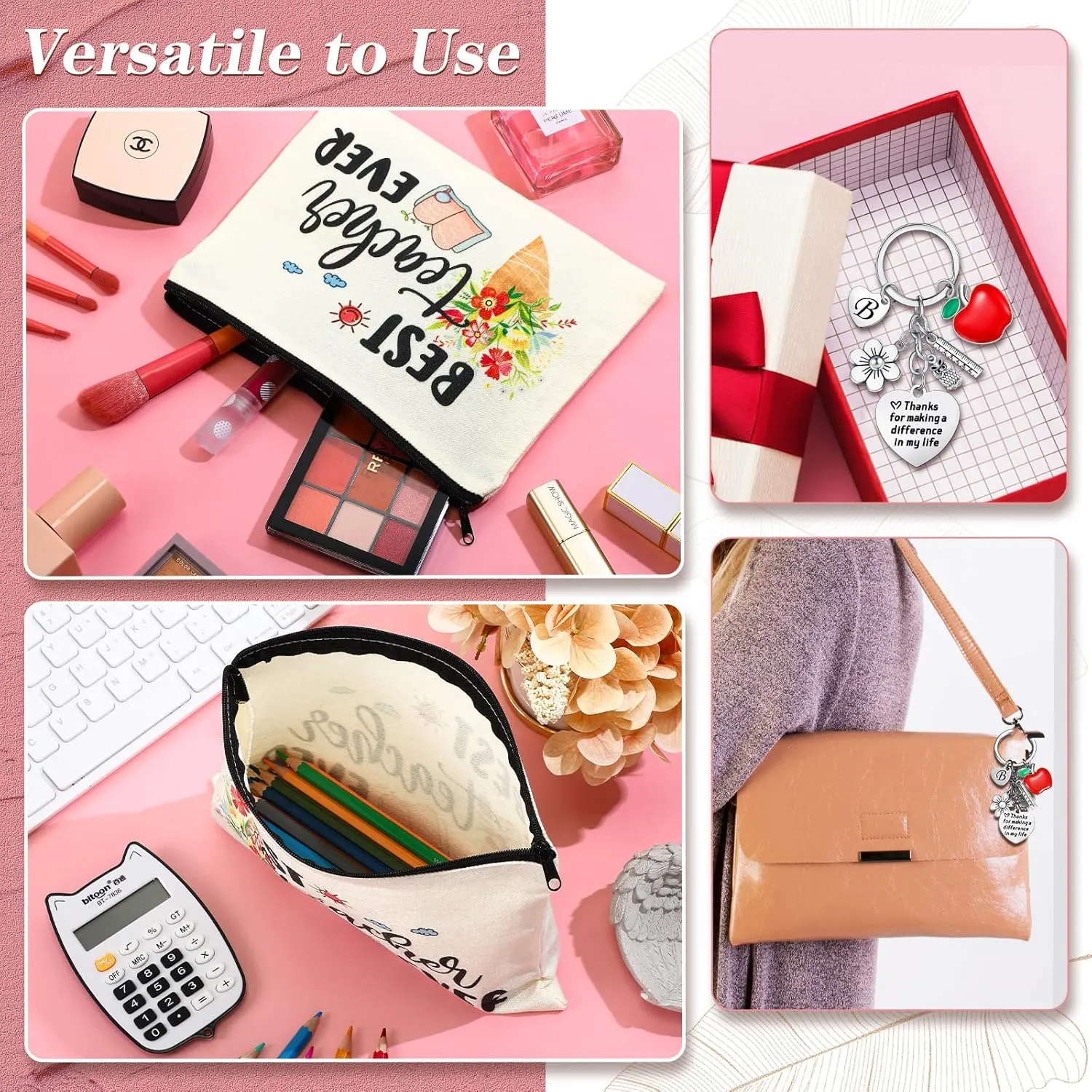 Fumete Teacher Appreciation Gifts Set Teacher Survival Kit Bag Initial Keychain Makeup Bag for 2025 Graduation