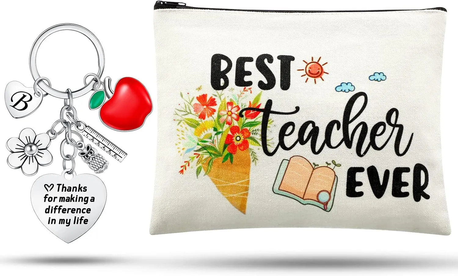 Fumete Teacher Appreciation Gifts Set Teacher Survival Kit Bag Initial Keychain Makeup Bag for 2025 Graduation