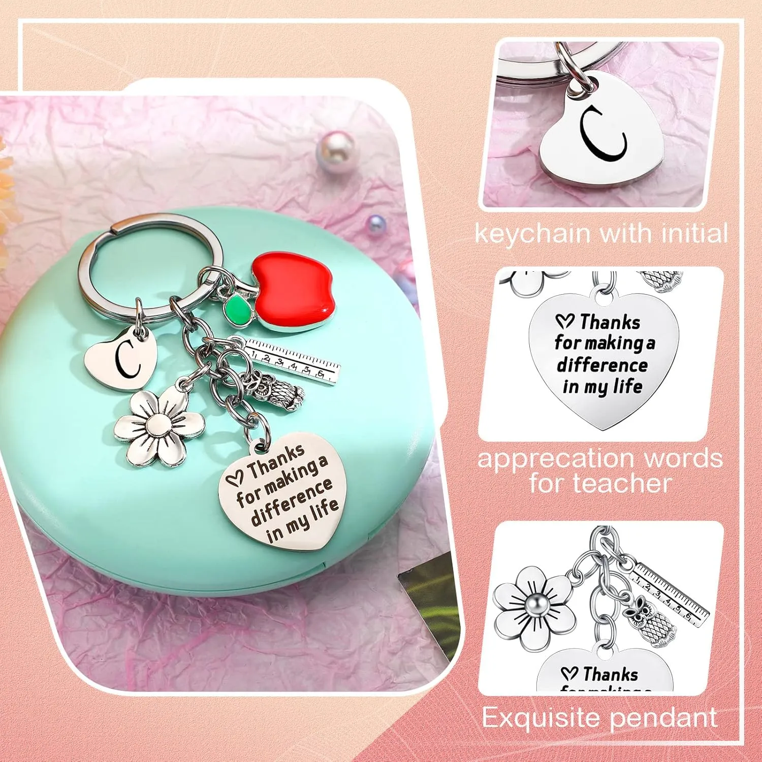 Fumete Teacher Appreciation Gifts Set Teacher Survival Kit Bag Initial Keychain Makeup Bag for 2025 Graduation