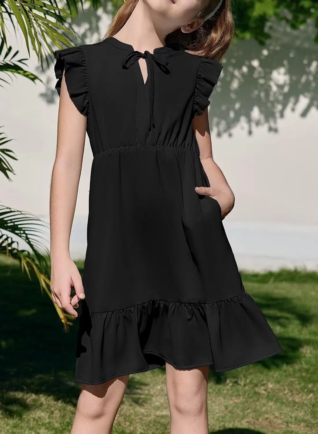 Girls Dresses Ruffle Trim Sleeveless V Neck Casual A-Line Flowy Dress with Pockets