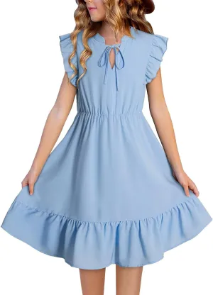 Girls Dresses Ruffle Trim Sleeveless V Neck Casual A-Line Flowy Dress with Pockets