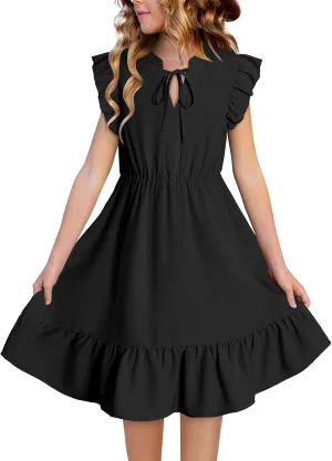 Girls Dresses Ruffle Trim Sleeveless V Neck Casual A-Line Flowy Dress with Pockets