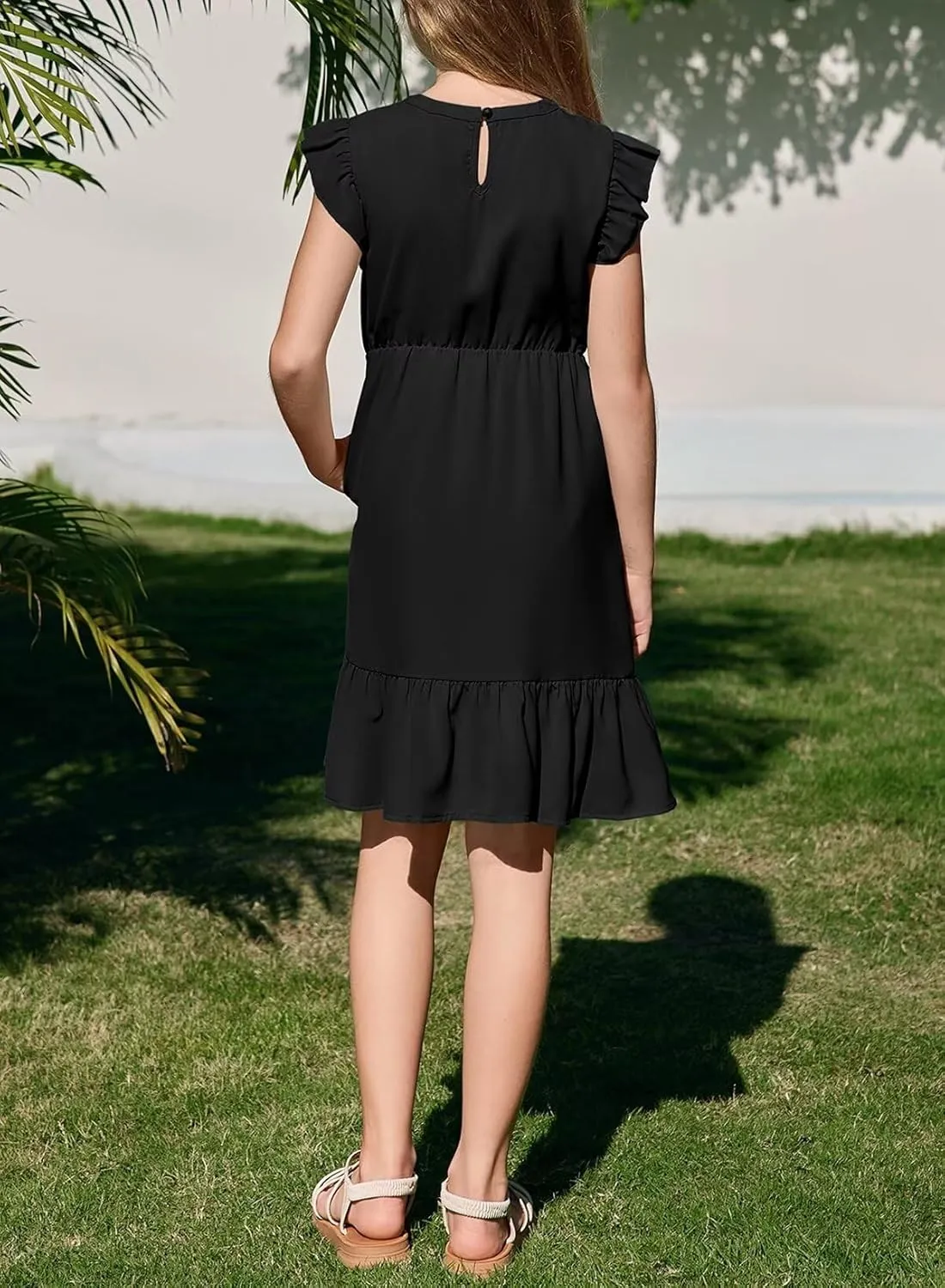 Girls Dresses Ruffle Trim Sleeveless V Neck Casual A-Line Flowy Dress with Pockets