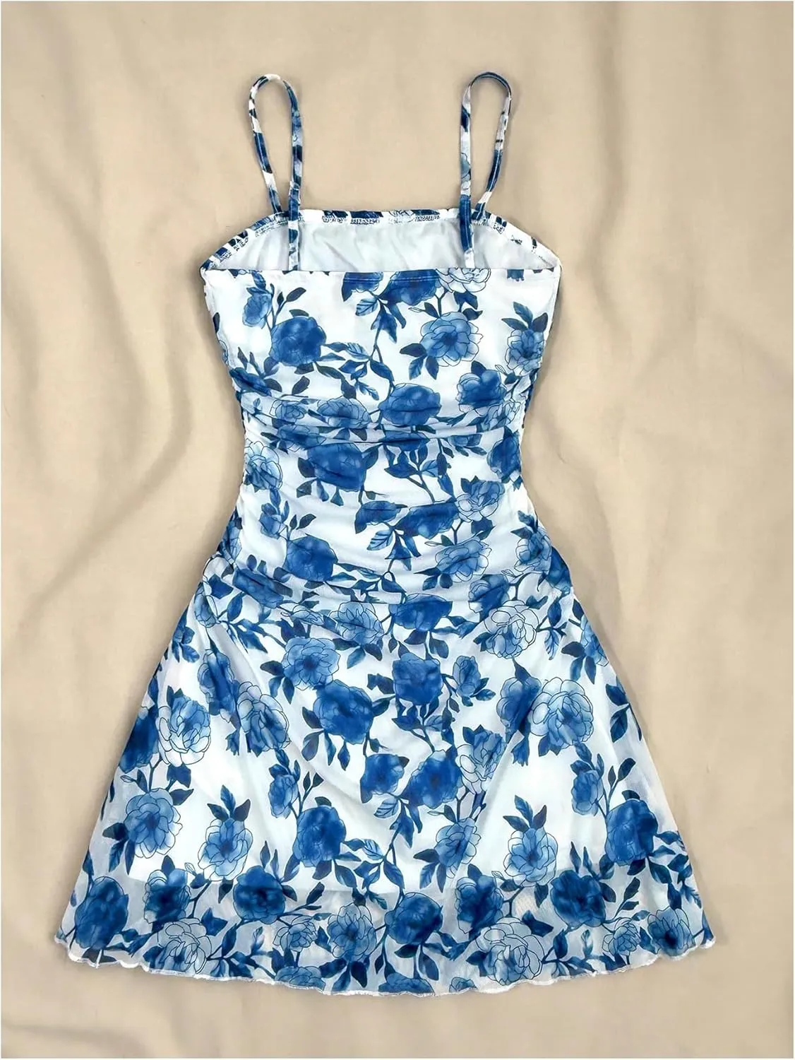 Girl's Floral Mesh Ruched Bust Mini Dress Spaghetti Strap Vacation Summer Cami Dresses