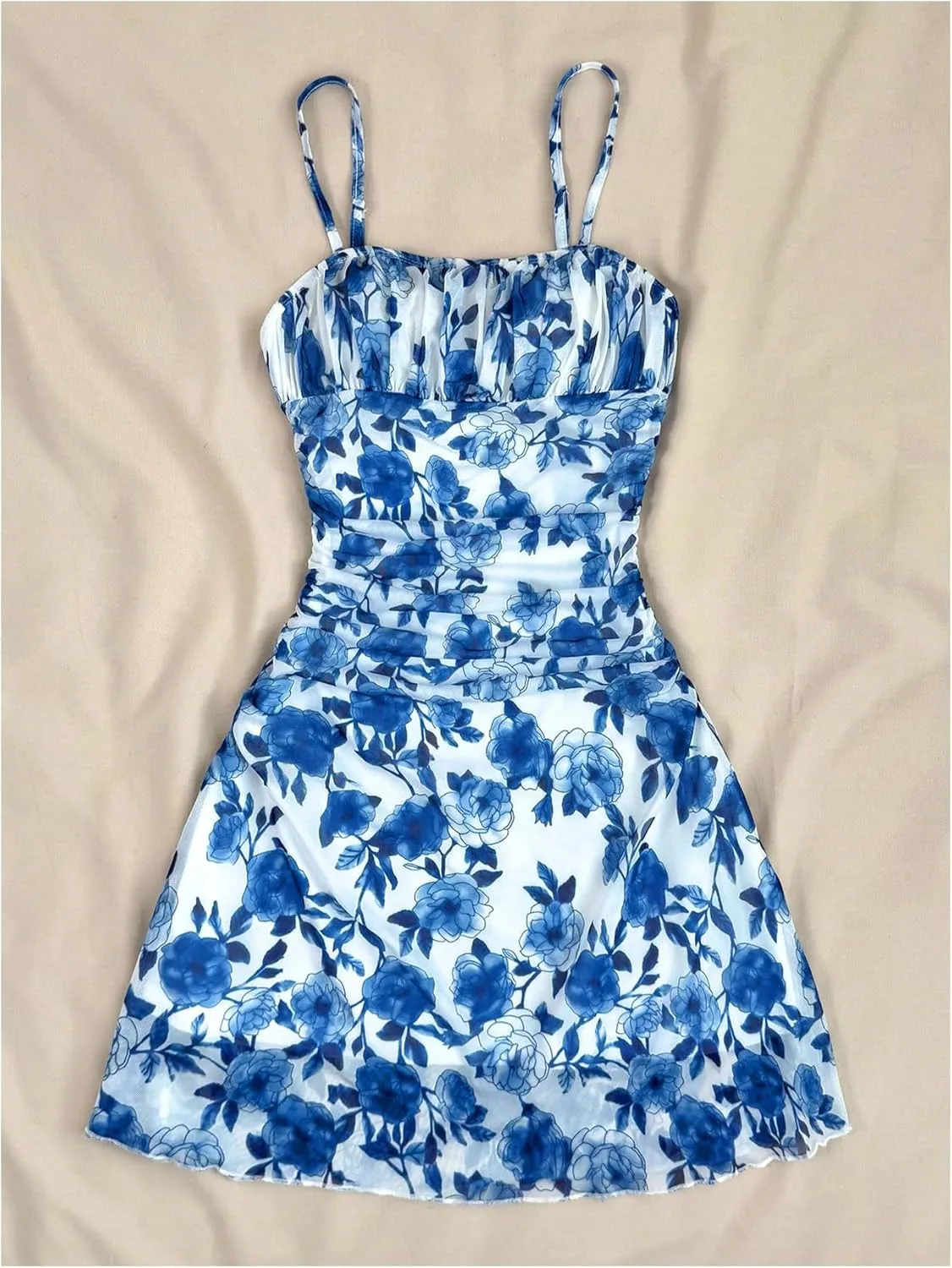 Girl's Floral Mesh Ruched Bust Mini Dress Spaghetti Strap Vacation Summer Cami Dresses