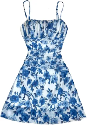 Girl's Floral Mesh Ruched Bust Mini Dress Spaghetti Strap Vacation Summer Cami Dresses