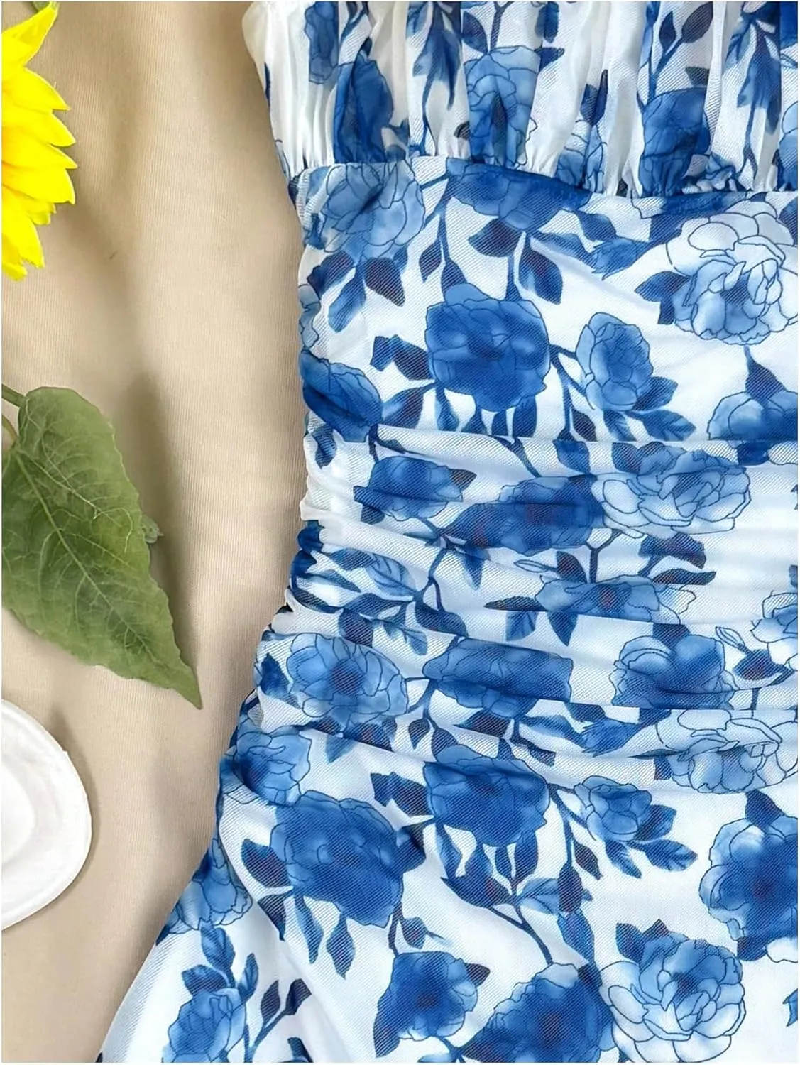 Girl's Floral Mesh Ruched Bust Mini Dress Spaghetti Strap Vacation Summer Cami Dresses