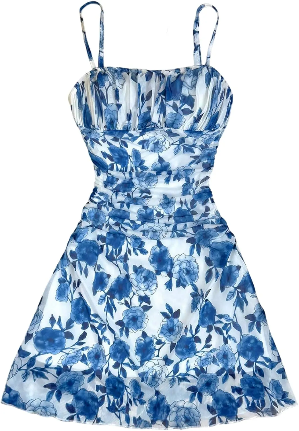 Girl's Floral Mesh Ruched Bust Mini Dress Spaghetti Strap Vacation Summer Cami Dresses