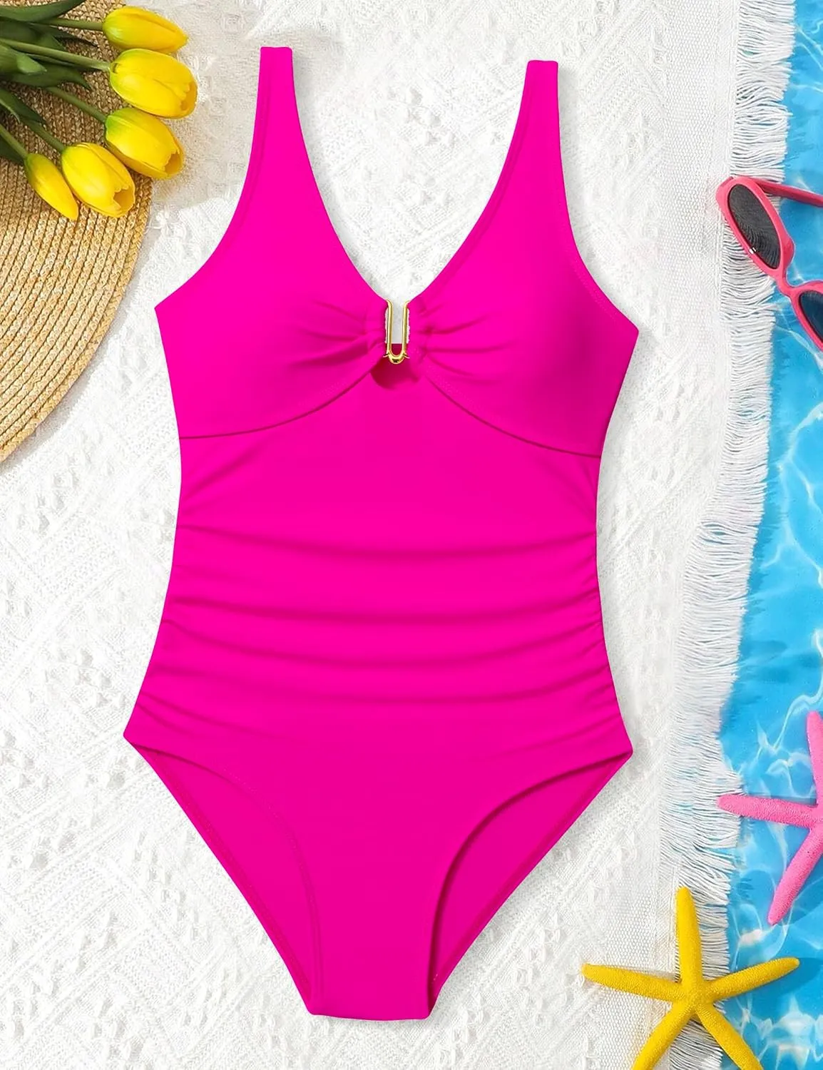 Girls Swimsuit Ruched V Neck One Piece Bathing Suit with Adjustable Straps Solid Color Girls' Swimwear 9-16T