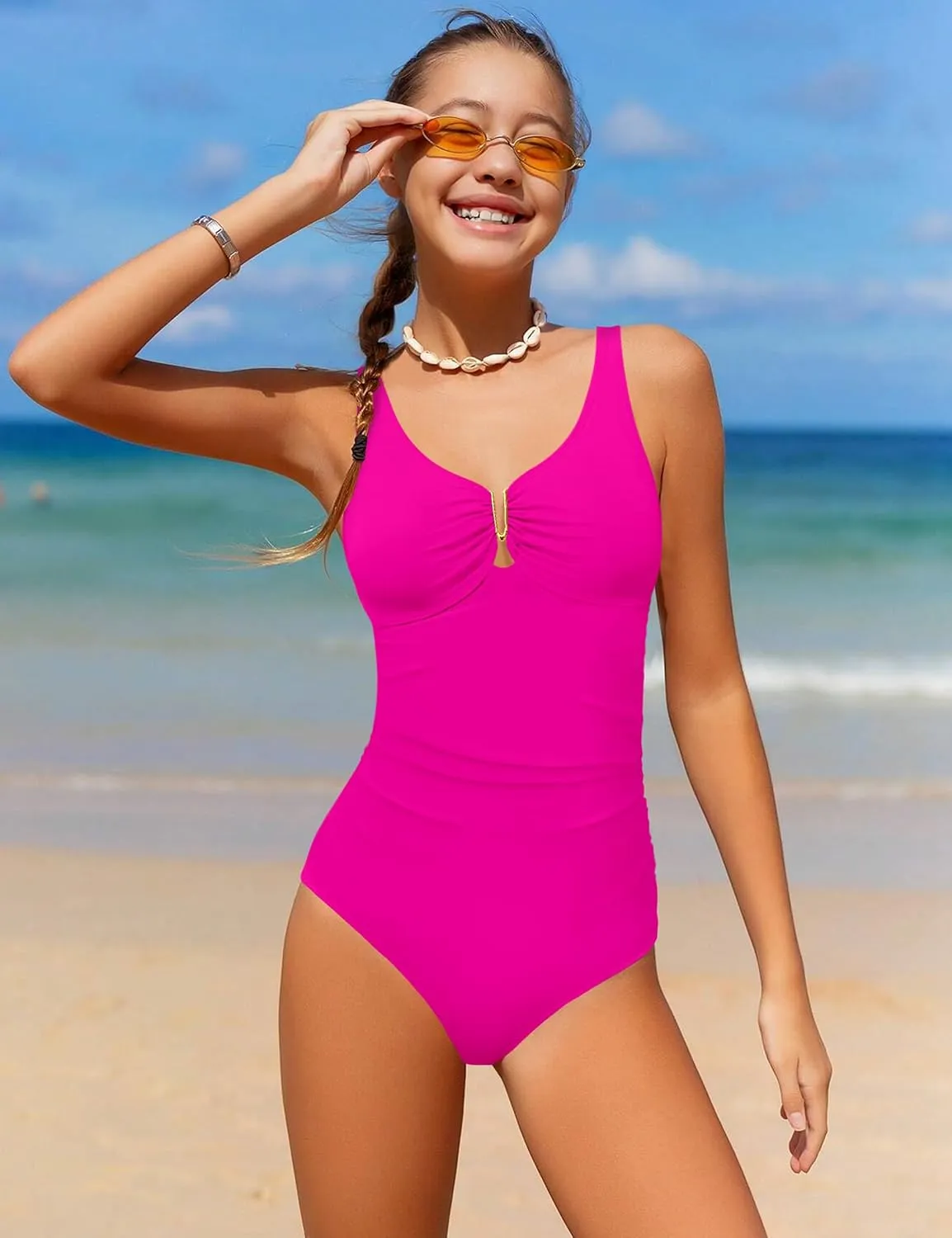 Girls Swimsuit Ruched V Neck One Piece Bathing Suit with Adjustable Straps Solid Color Girls' Swimwear 9-16T
