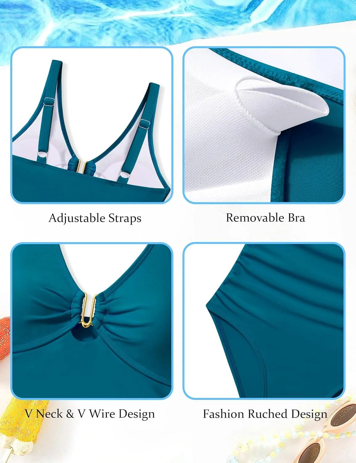 Girls Swimsuit Ruched V Neck One Piece Bathing Suit with Adjustable Straps Solid Color Girls' Swimwear 9-16T
