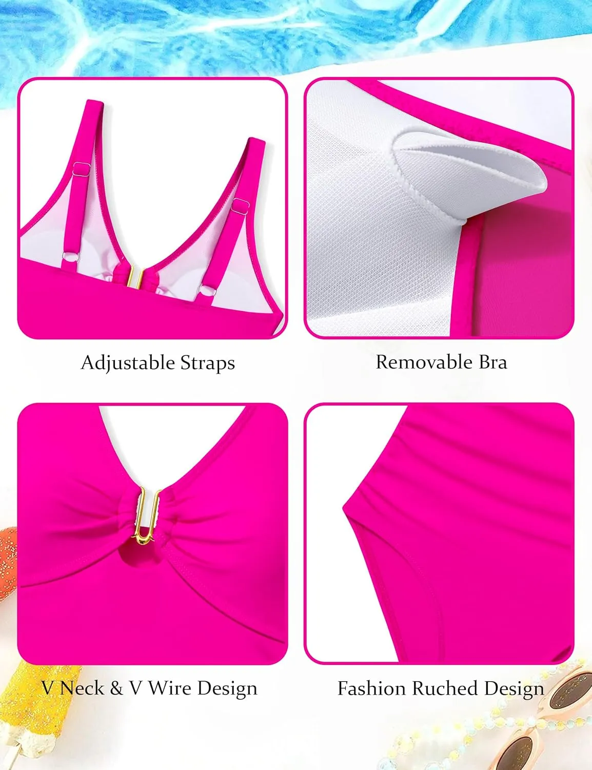 Girls Swimsuit Ruched V Neck One Piece Bathing Suit with Adjustable Straps Solid Color Girls' Swimwear 9-16T