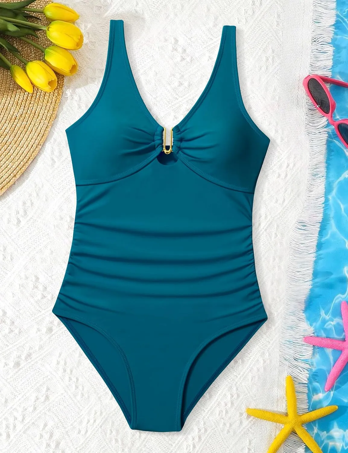 Girls Swimsuit Ruched V Neck One Piece Bathing Suit with Adjustable Straps Solid Color Girls' Swimwear 9-16T