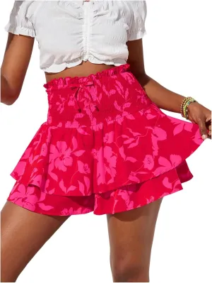 Girl's Y2k Floral Shorts Bow Knot Elastic High Waisted Tiered Layer Skorts Skirt