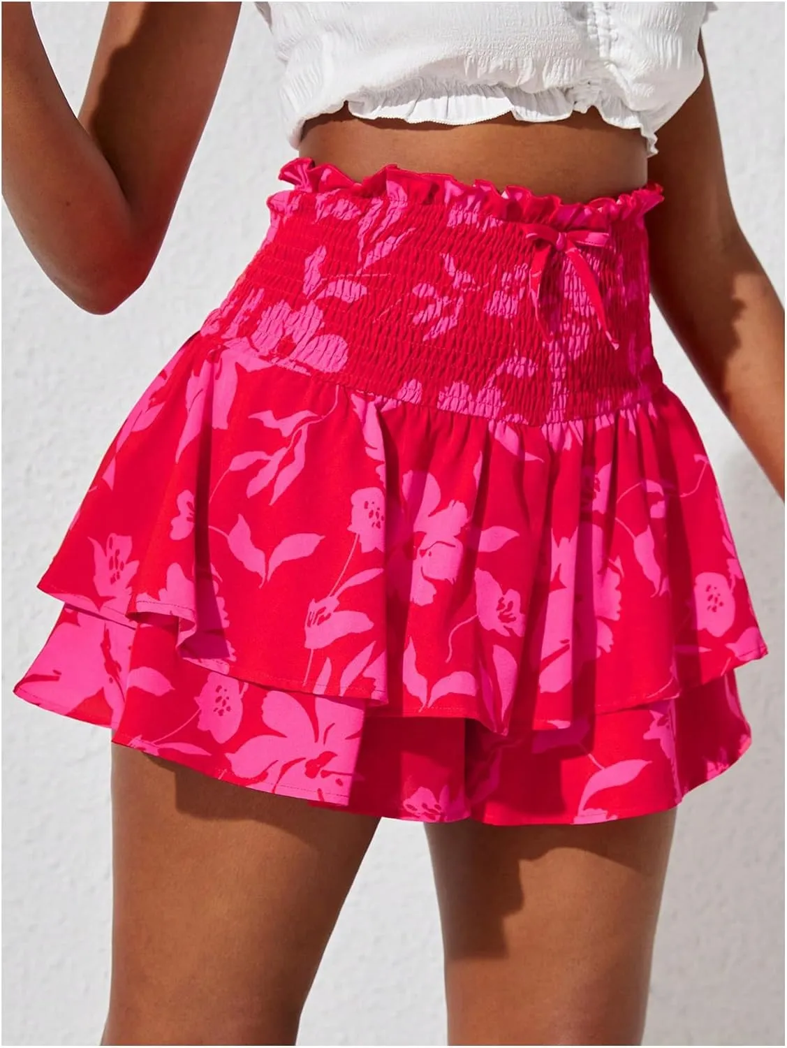 Girl's Y2k Floral Shorts Bow Knot Elastic High Waisted Tiered Layer Skorts Skirt