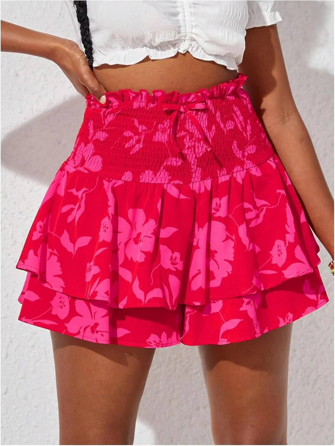Girl's Y2k Floral Shorts Bow Knot Elastic High Waisted Tiered Layer Skorts Skirt