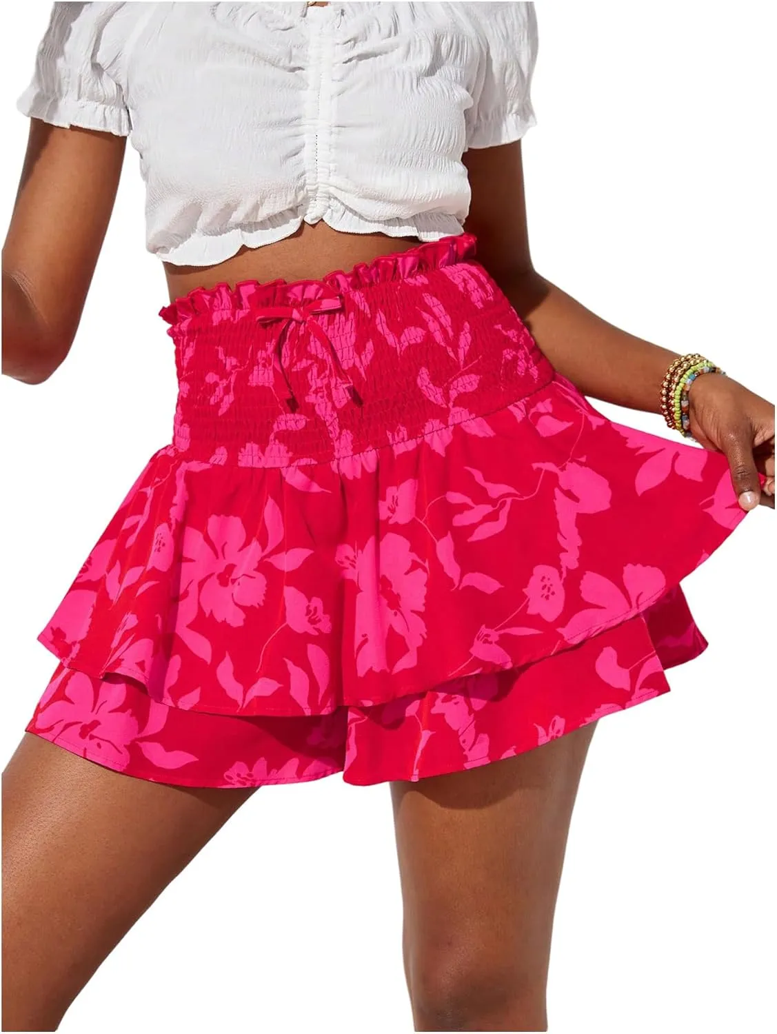 Girl's Y2k Floral Shorts Bow Knot Elastic High Waisted Tiered Layer Skorts Skirt