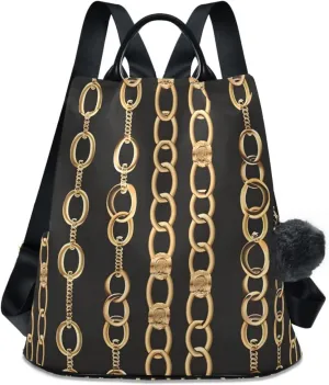 Golden Chains Backpack for Women Anti Theft Large Fashion Travel Shoulder Bag Purse Rucksack Lightweight