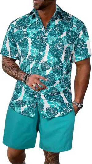 GORGLITTER Men's Hawaiian Matching Set Summer Beach 2 Piece Outfits Flower Button Down Shirts and Shorts Set