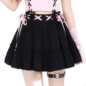 Harajuku Lolita Kawaii Gothic Clothes Casual A-Line Elastic Waist Pink Ribbon Trim Ruffle Pleated Short Skirt