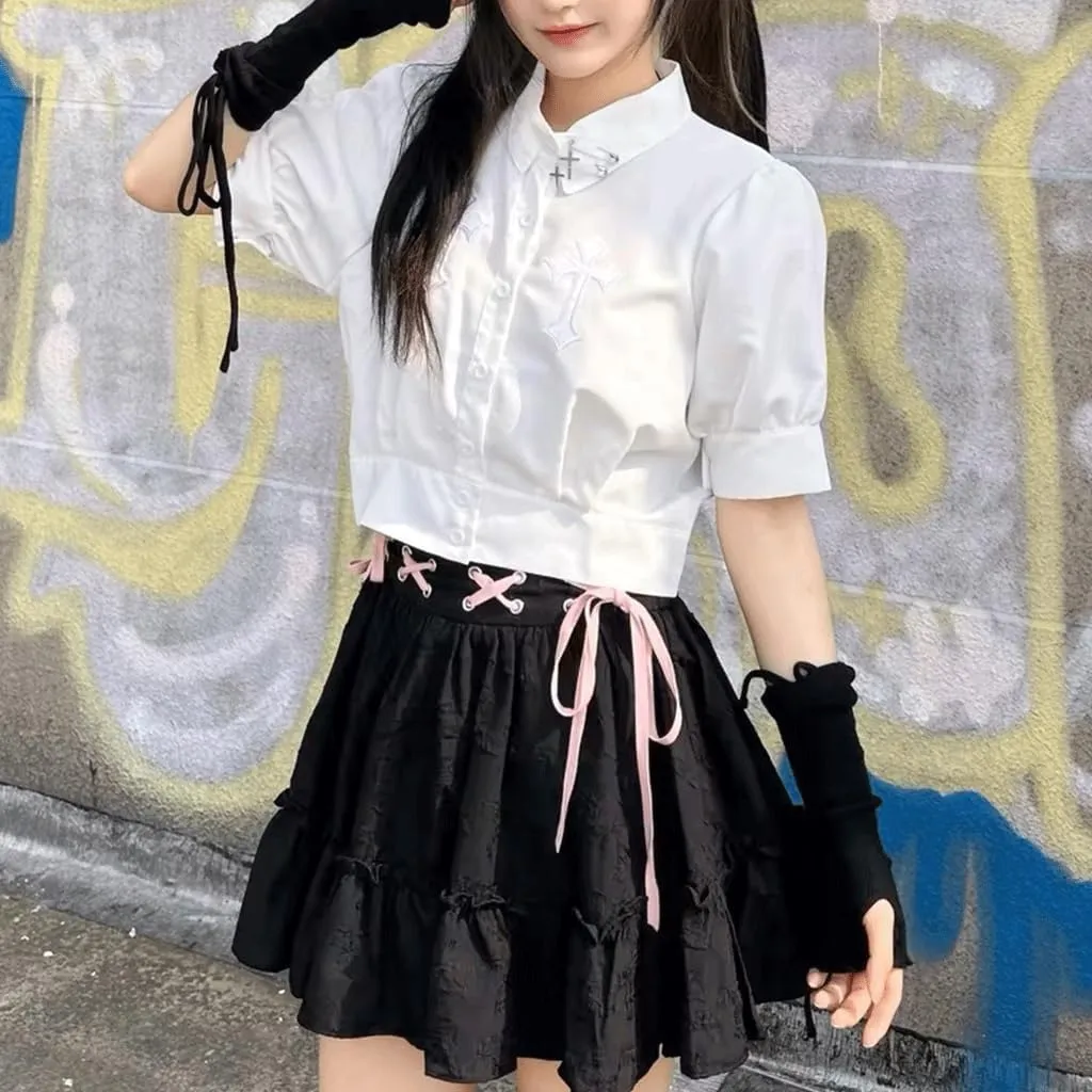 Harajuku Lolita Kawaii Gothic Clothes Casual A-Line Elastic Waist Pink Ribbon Trim Ruffle Pleated Short Skirt
