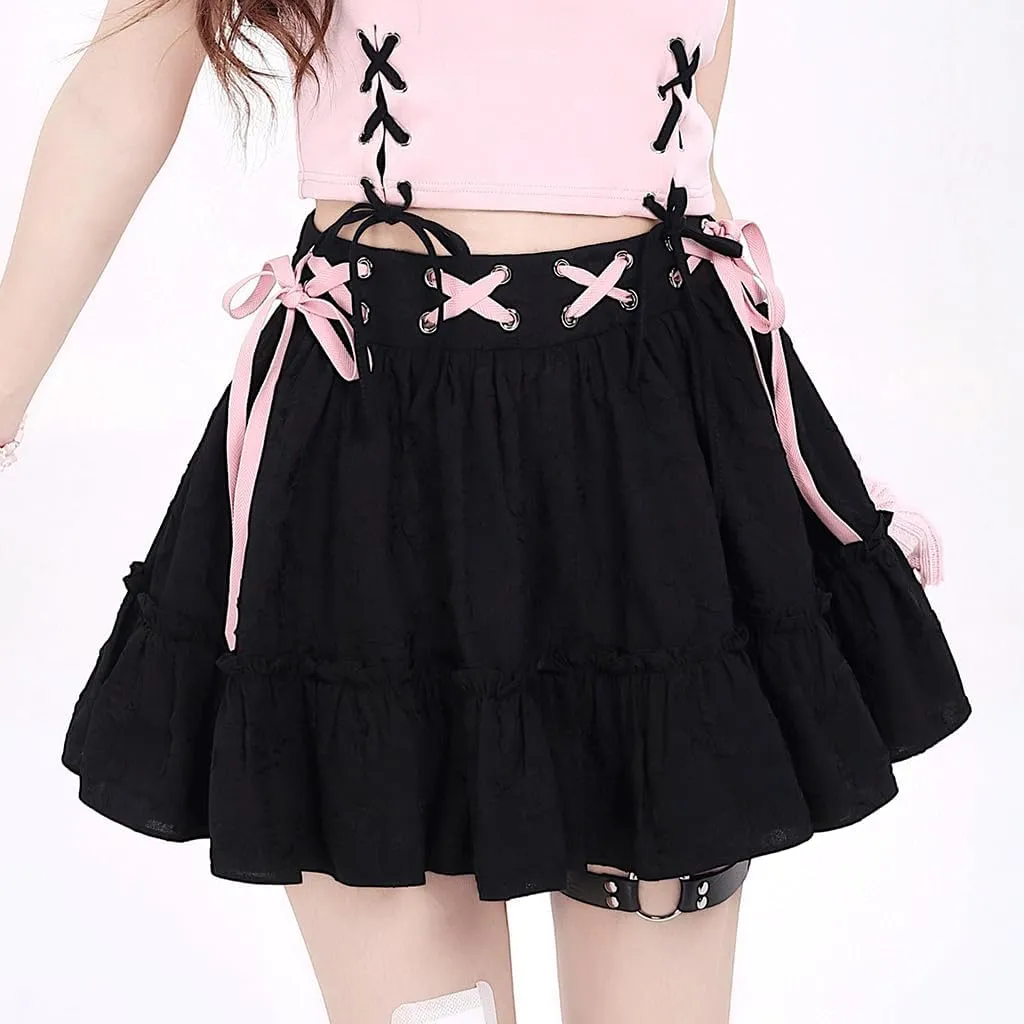 Harajuku Lolita Kawaii Gothic Clothes Casual A-Line Elastic Waist Pink Ribbon Trim Ruffle Pleated Short Skirt