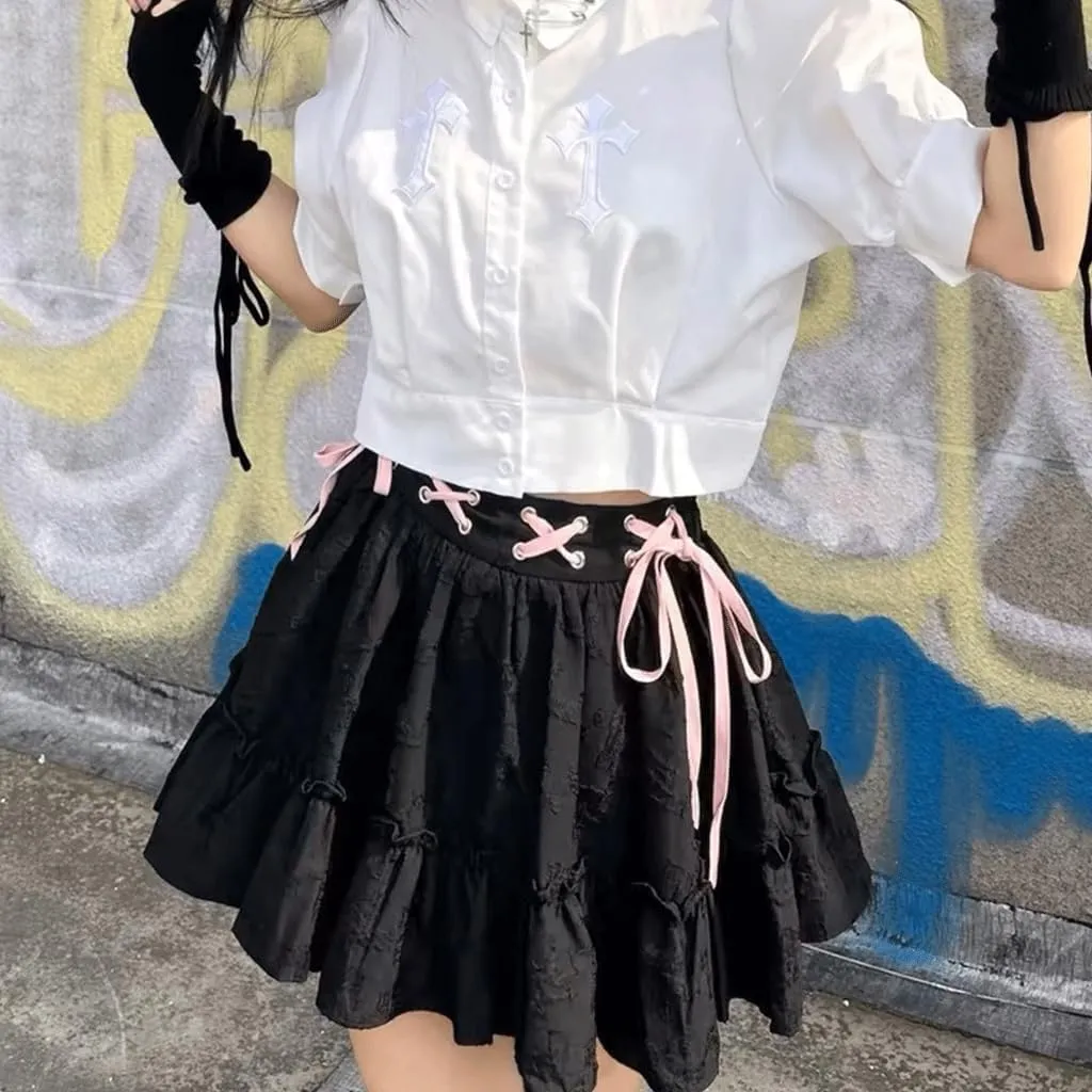 Harajuku Lolita Kawaii Gothic Clothes Casual A-Line Elastic Waist Pink Ribbon Trim Ruffle Pleated Short Skirt
