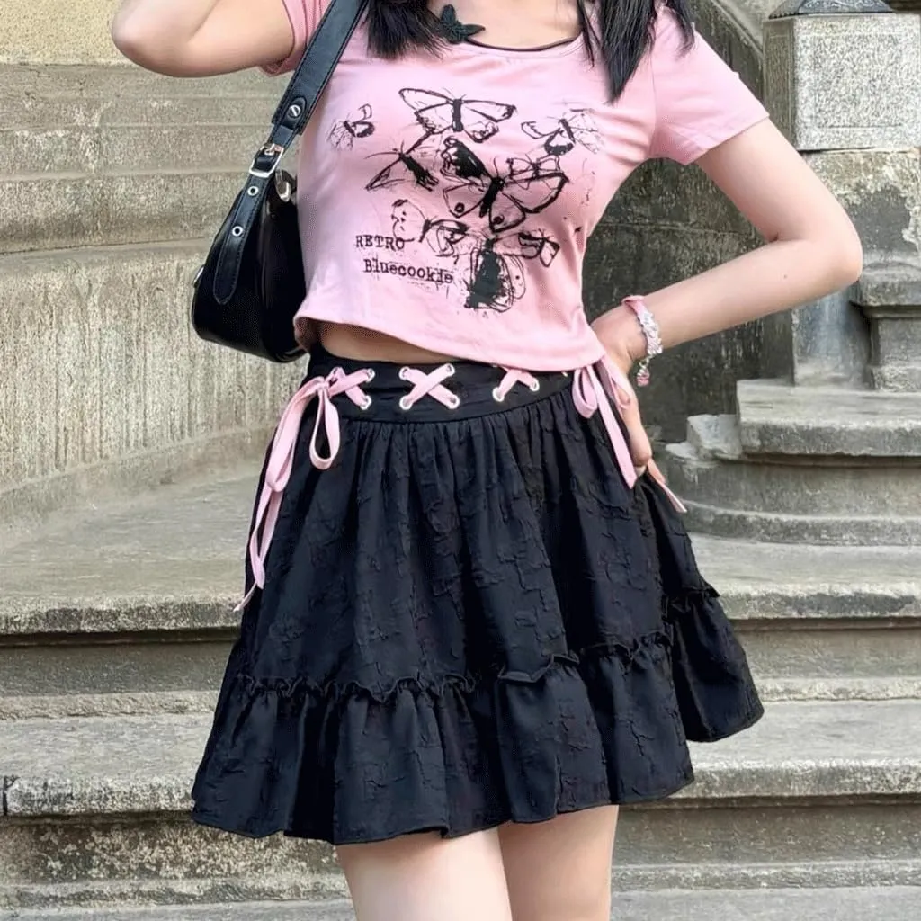 Harajuku Lolita Kawaii Gothic Clothes Casual A-Line Elastic Waist Pink Ribbon Trim Ruffle Pleated Short Skirt