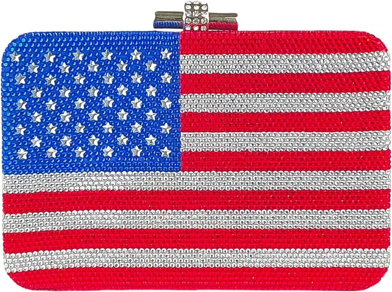 HUANG ZHUANG American Flag Rhinestone Bag Stars and Stripes Handbag Women Clutch Purses Formal Party Crystal Bag