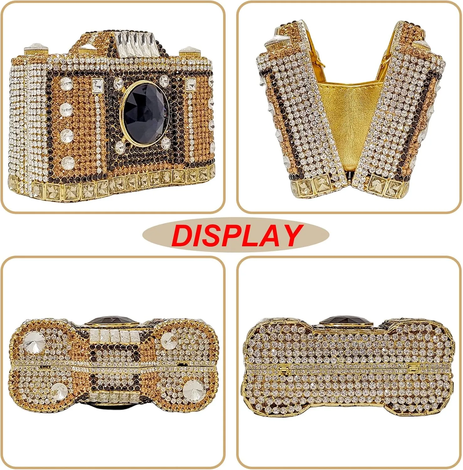 HUANG ZHUANG Cute Camera Shape Crystal Clutch Purse Mini Rhinestone Evening Bag Wedding Handbag Party Women Purse